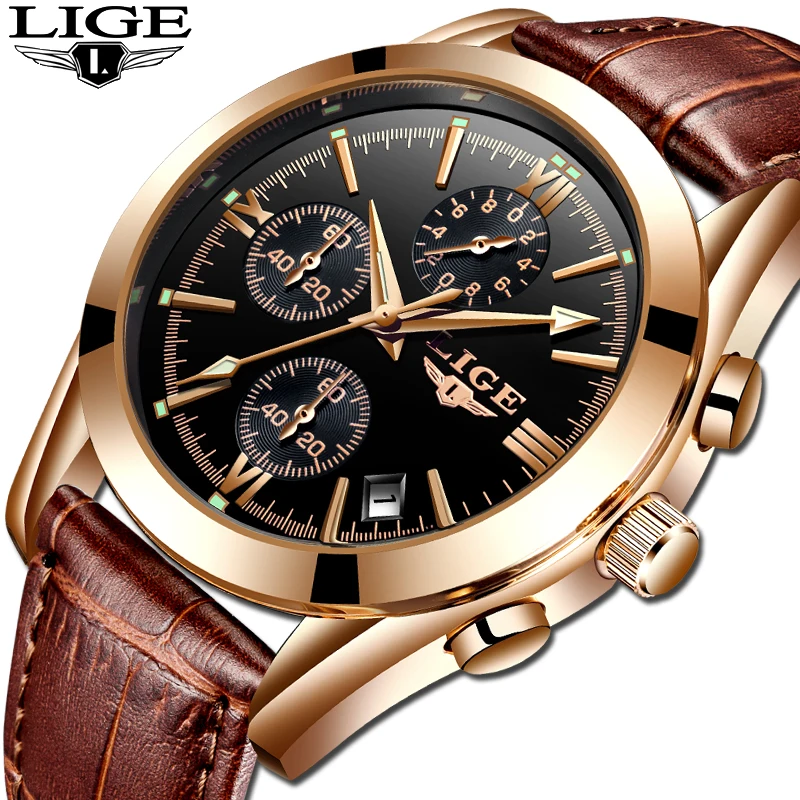 Montre homme LIGE модные золотые Для мужчин s часы кожа аналоговые кварцевые часы Для мужчин возможностью погружения на глубину до 30 м Водонепроницаемый спортивные с секундомером и календарем, мужские часы+ коробка