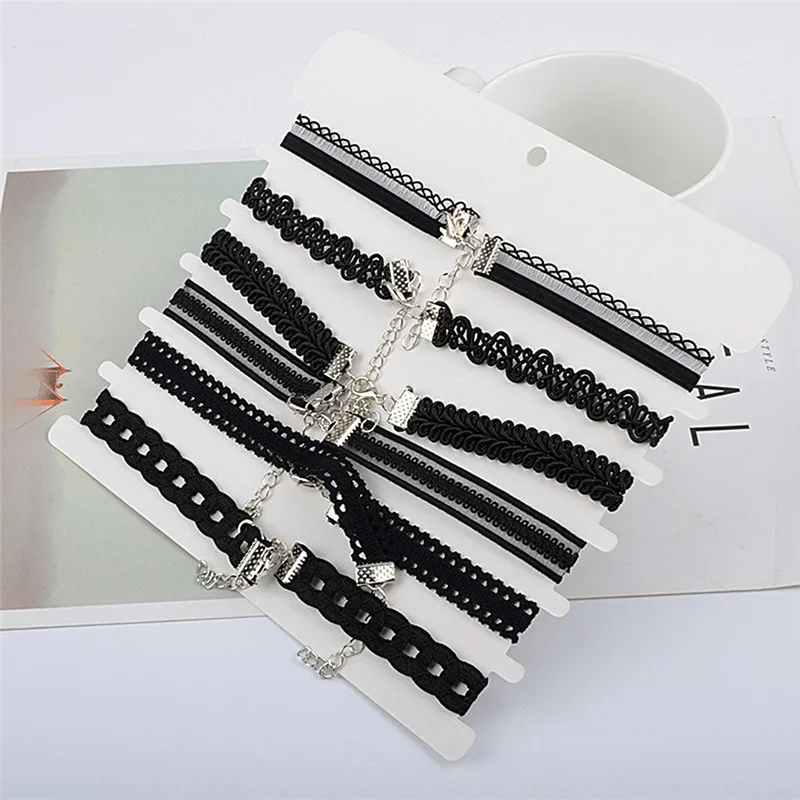 

6PCS/set Women Jewelry Lace Hollow Black Velvet Choker Necklace Stylish Elegant Charm Necklace Set Approx 28cm+6cm