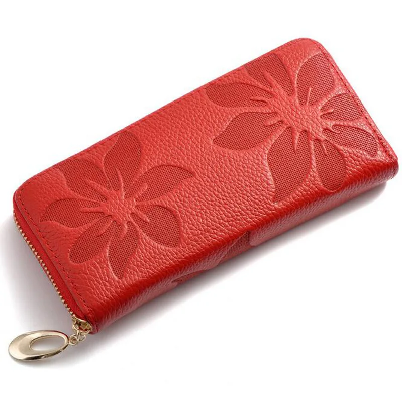 

Female Purse Genuine Leather Women Wallet New Fashion Style best Zip Flower pattern Lady Long Wallet black Purse Handy Handbags