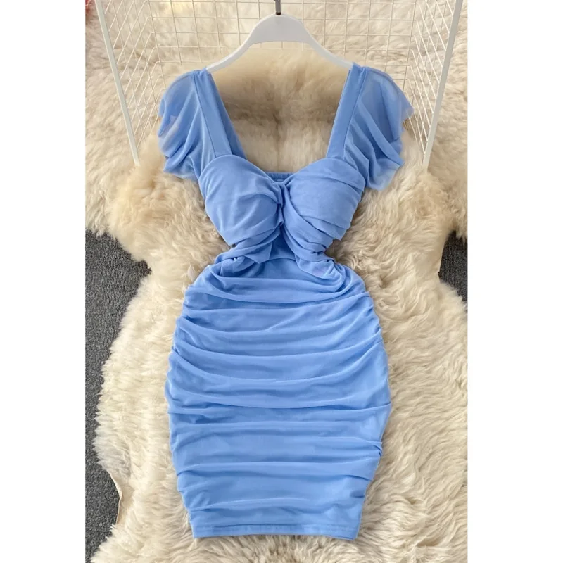 

2021 Summer Solid Dress New French Sexy High Waist Slimming Folds Square Neck Mini Dress Short Sleeve Party Dress Sexy Sundress