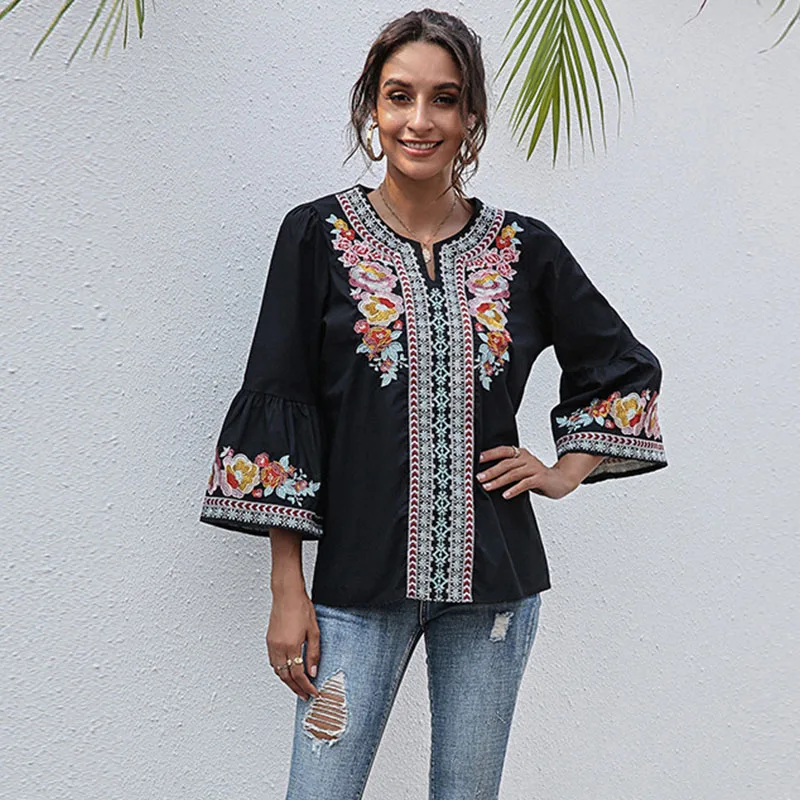 

2021 New Spring Summer Casual Fahion Vintage Sexy Women's Tops Round Neck Embroidery Ruffles Fashion Blouse