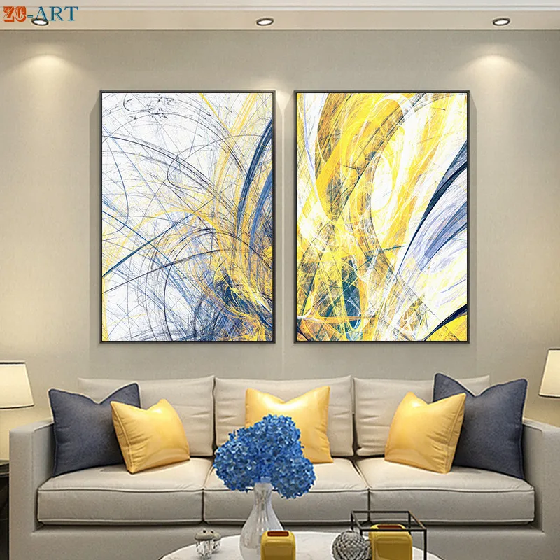Желтая и синяя Настенная картина абстрактные постеры принты Современная Картина