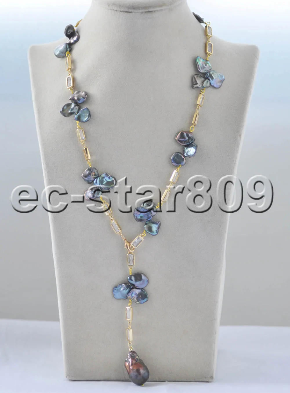 

Z11141 23" 15mm Black Baroque Lamina Keshi Pearl CZ Chain Necklace Pendant
