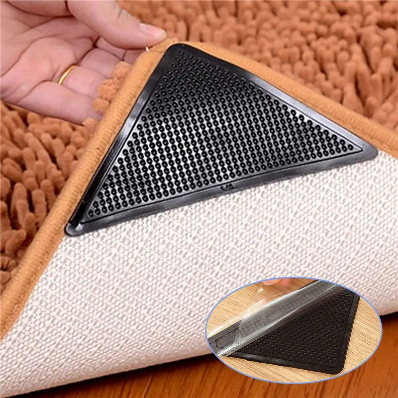 

4Pcs Anti Skid Rug Carpet Mat Non Slip Grip Small Corners Triangular Pad Washable Removable Strong Adhesive Stopper Tape Sticker