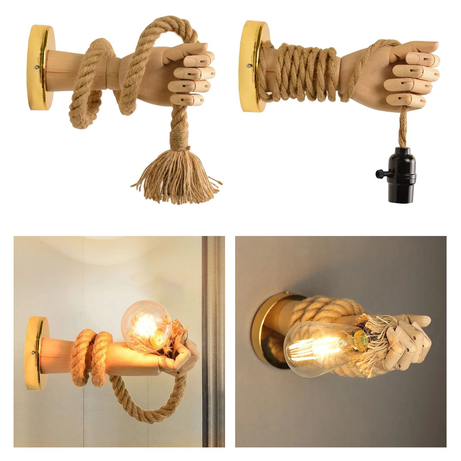 

Vintage Rope Wall Lamp Wood Hand Wall Light E27 220V Indoor Loft Indoor Corridor Wall Lights Industrial Sconce Bedside Lamps