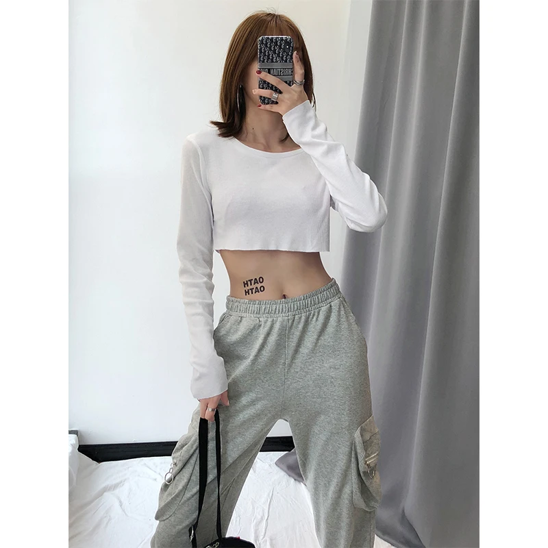 

Sunscreen Long Sleeve T-shirt Women's Europe and America Pure Color Simple Bottom Sexy Body High Waist Exposed Navel Jazz