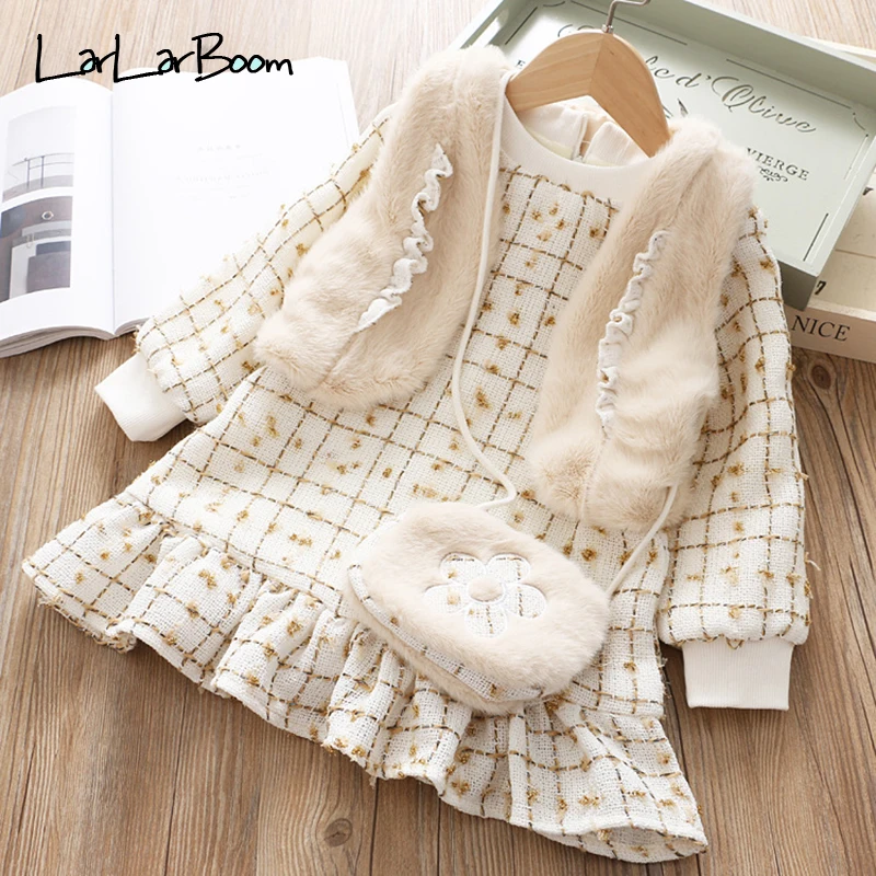 LarLarBoom Fashion Girls Dress Cotton Linen + Lace Vest Bag 3pcs Kids Dresses for Winter Plus Velvet Girl | Детская одежда и обувь