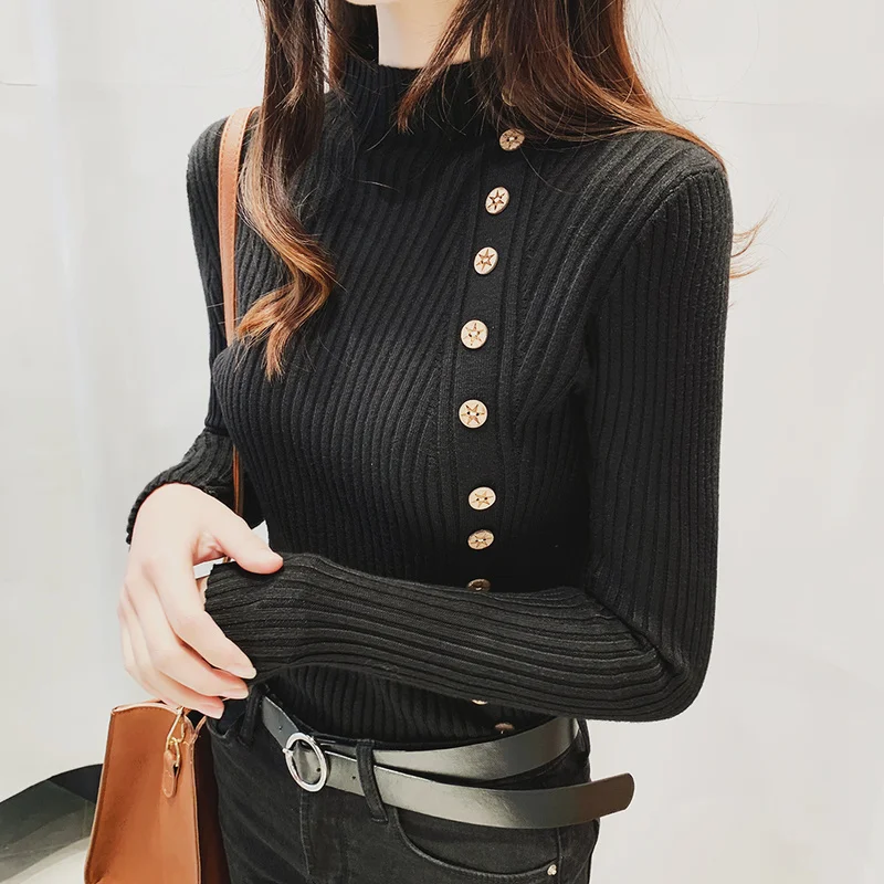 Womens Sweaters 2019 Winter Tops Button Turtleneck Sweater Women Thin Pullover Jumper Knitted Femme Slim Soft | Женская одежда