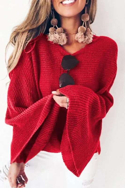 

Sweater Women Warm Top Sweater invierno mujer 2020 Ladies Knitwear Red Flare Sleeve Loose Plus size Casual Tops New