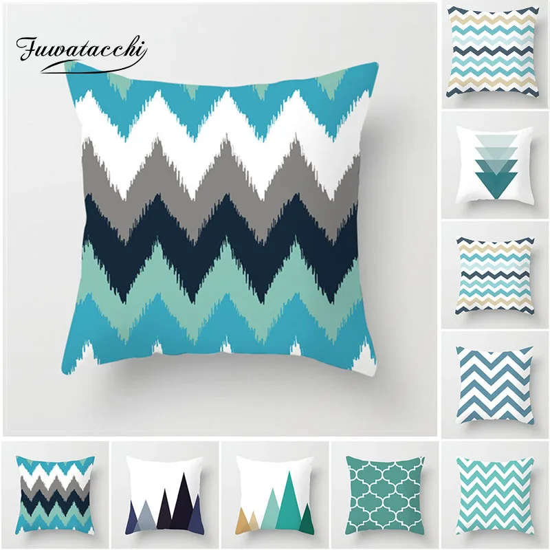 

Fuwatacchi European Geometric Cushion Covers Blue Wavy Arrow Pillow Cases Cotton For Bedroom Sofa Decorative Pillow Covers 45*45