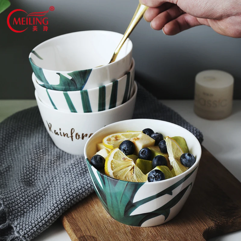 

Nordic Bone China Rainforest Bowl Dinnerware Porcelain Kitchen Dining Table Restaurant Accessories Decorative Rice Bowl Storage