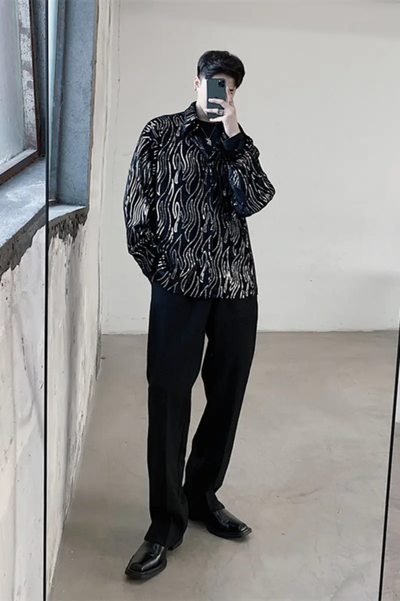 

IEFB Velvet sequin long sleeve shirt fashion korean new men's clothes black lace button loose casual print blouse male 9Y4669