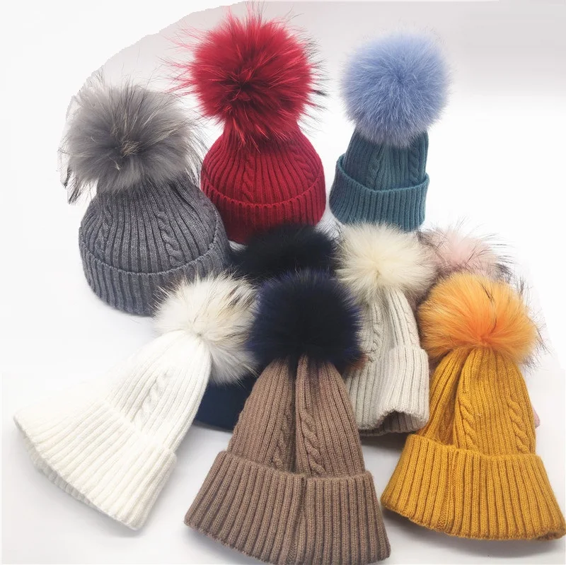 Оптовая продажа Женская шерстяная вязаная шапка с помпоном из натурального меха