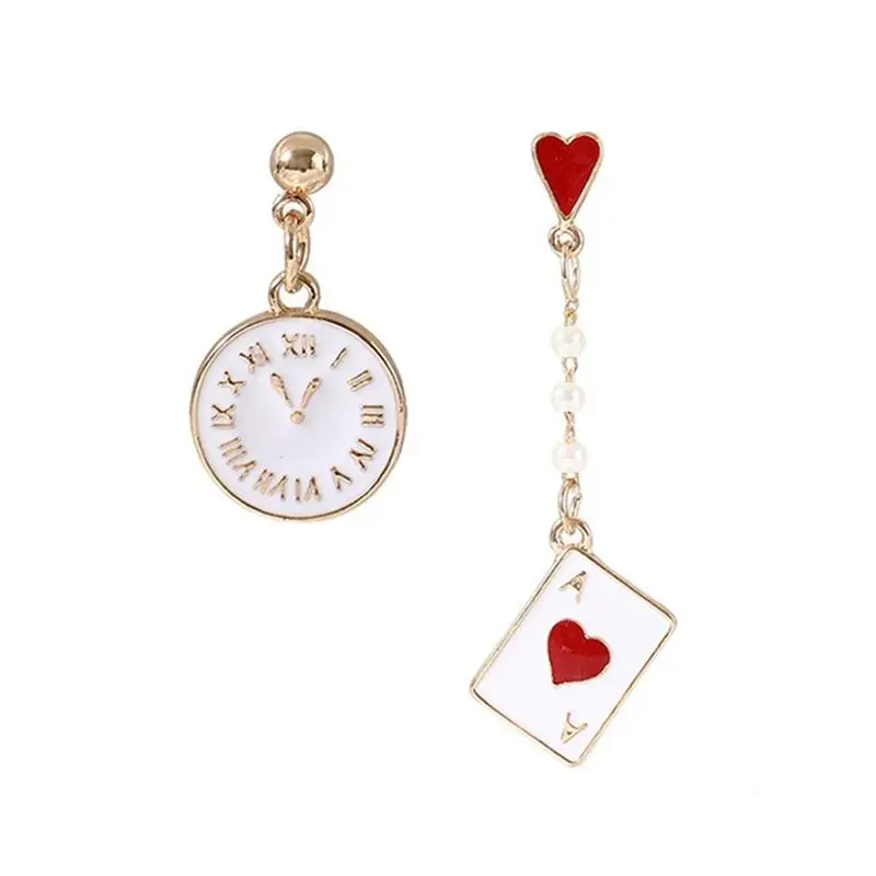 

Cute Poker Clock Asymmetric Dangle Earrings For Women Teens Girls Personalized Ear Studs Drop Earrings Fashion Party Jewelry
