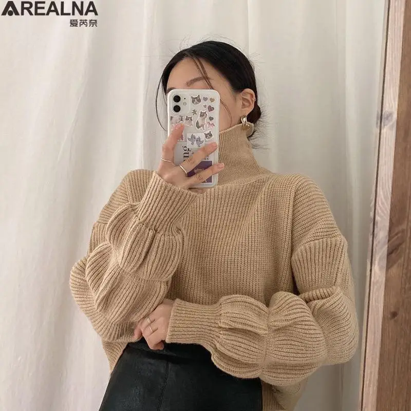 

2021 fall Winter Loose Turtleneck Pullover Basic Warm Sweater for Women Korean fashion Puff lantern sleeve Kniited Sweater Tops