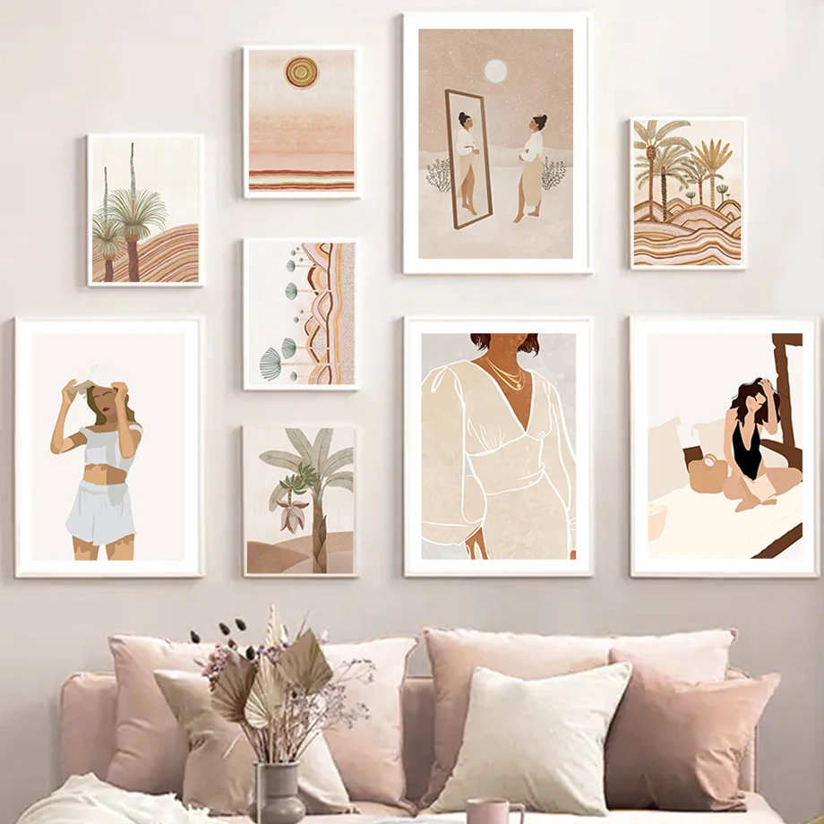 

Abstract Tropical Palm Plant Boho Girl Nordic Wall Art Canvas Painting Poster And Prints Pictures For Living Room Interior Decor