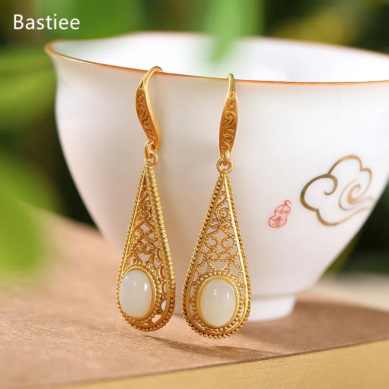 

Bastiee Silver 925 Earrings for Women Gold Plated Hotan Jade Pendientes Light Luxury Retro Hollow Pattern Water Drop Shape