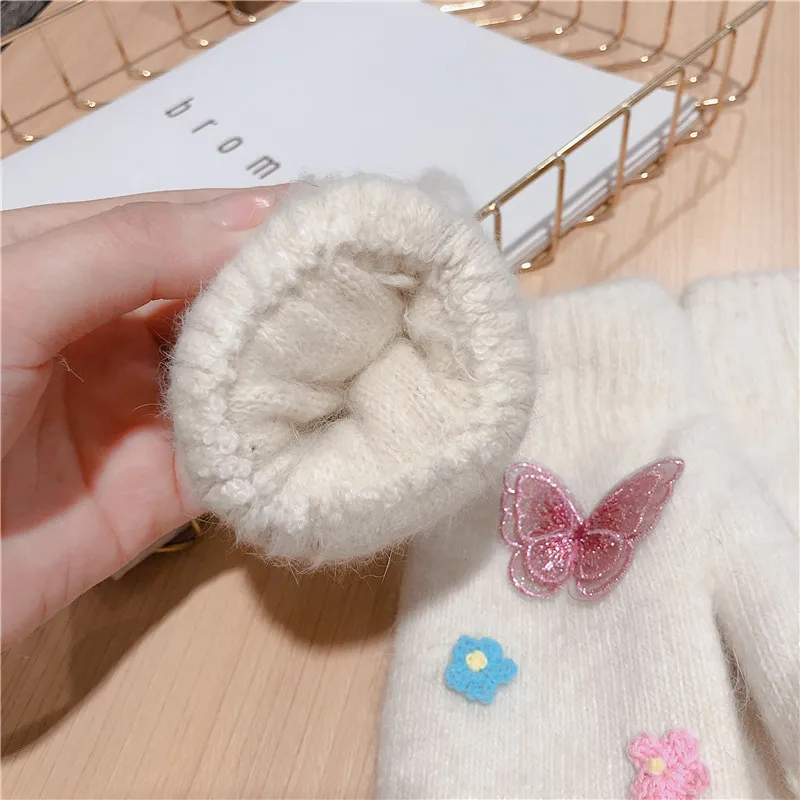 Women Winter Rabbit fur Knitted Full Finger Gloves Basic Thicken Plush Lining Mittens Butterfly Wrist Warmer