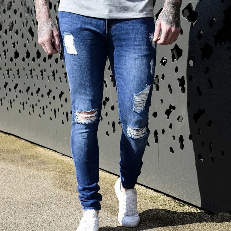 Мужские однотонные джинсы CYSINCOS Модные узкие брюки-карандаш с дырками на каждый