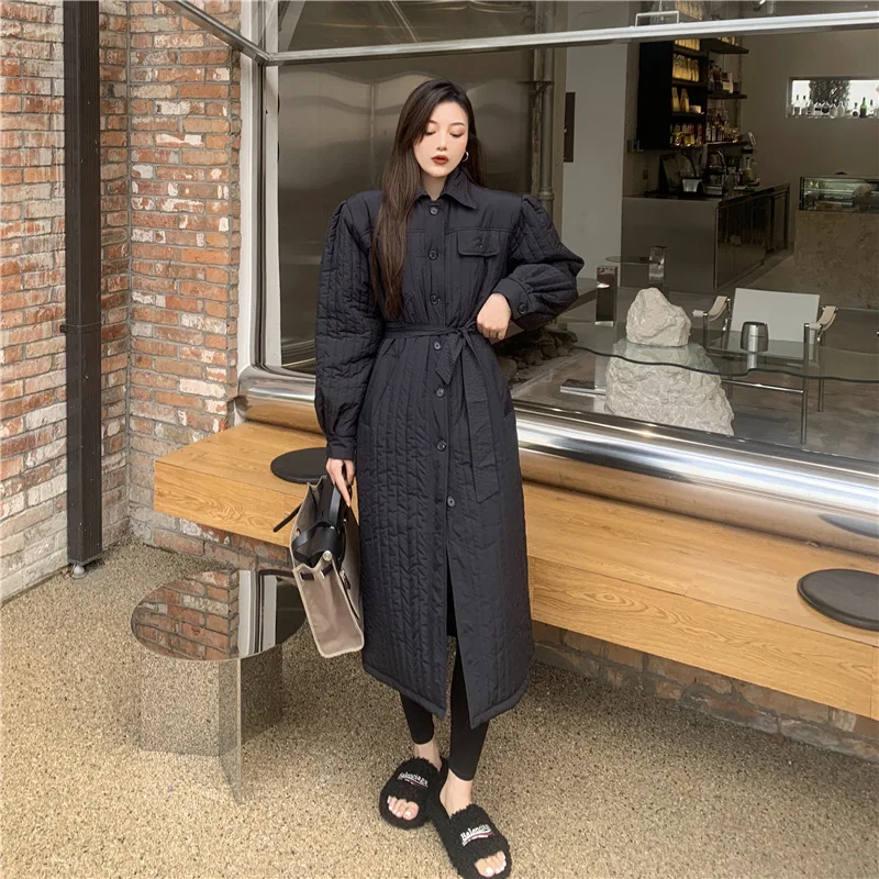 

Cotton Bandage Waist Closing Lapel Loose Coat Medium and Long Thickened Warm Coat In Winter