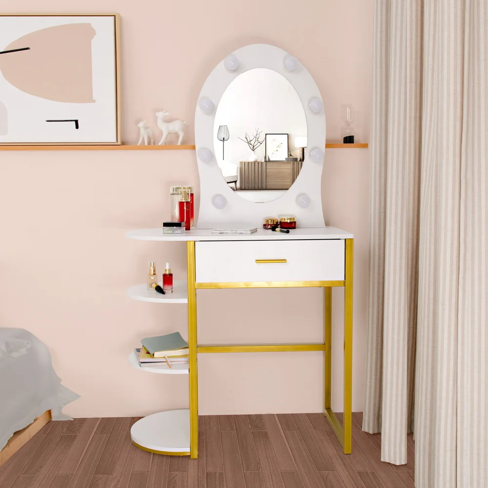 

Dressing Table FCH Special-shaped Mirror Single Drawer Three-layer Frame-Steel Frame Dresser White (80 x 40 x 78.5-147)cm