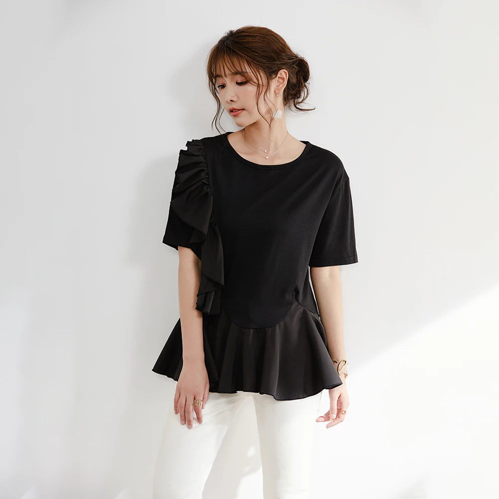 

Women T Shirt Summer Fashion Japan Style Female Solid Color Aysmmetrical Cute Ruffles T-Shirt Falbala Irregular Korea Streetwear
