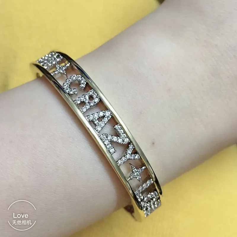 women female bangle zircon wide lettter BIG MAC SMILE FUN CRAZY LOVE AMORE AMOUR LOVE CRAZY bracelet positive sentence bangle