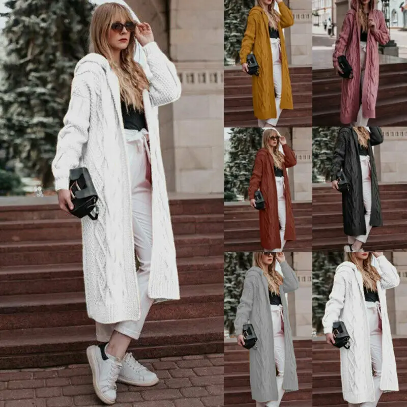 Женский Повседневный вязаный кардиган свитер с длинным рукавом и капюшоном