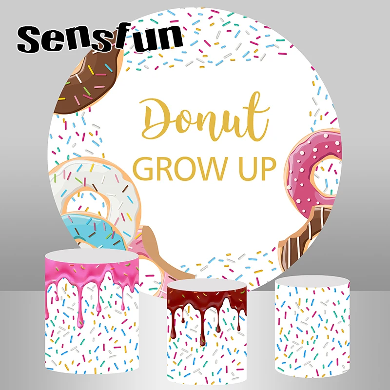 

Candy Donut Round Backdrop Cover Girls Sweet Birthday Party Background For Photography Syrup Plinth Covers Dessert Table Banner