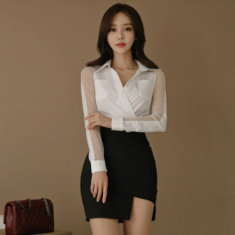 

S-XL Plus Size 2020 New Spring Summer Long Sleeve White Shirt and Mini Wrap Black Skirt Casual Elegant Two Piece Set for Ladies
