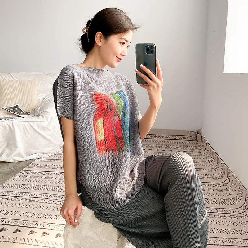 

TVVOVVIN Fashion Print Casual Pleated Large Size Top Summer New Korean Loose Short Sleeve Pullover T-shirt For Women 1MPE