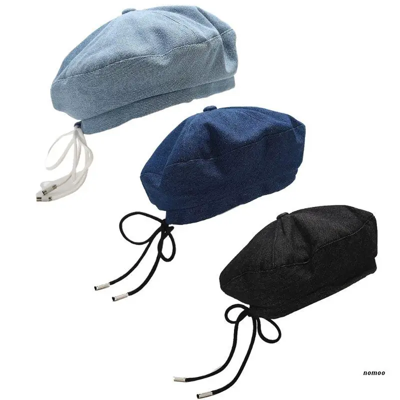 

Women Denim Cotton Beret Ribbon Lace-Up Bowknot Newsboy Painter Beanie Hat
