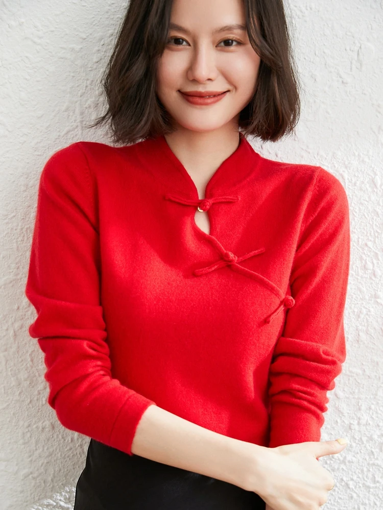 

Chinese Retro Knit Sweaters 2021 New Fashion O-Neck 100% Goat Cashmere Tops Female Woolen Pullovers