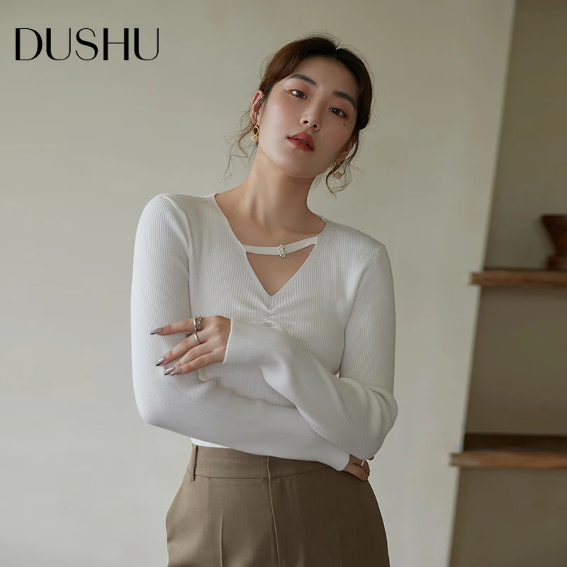 

DUSHU женские пуловеры, шерстяной свитер, дизайнерский ретро свитер с V-образным вырезом, осенний Новый универсальный пуловер, однотонные диза...