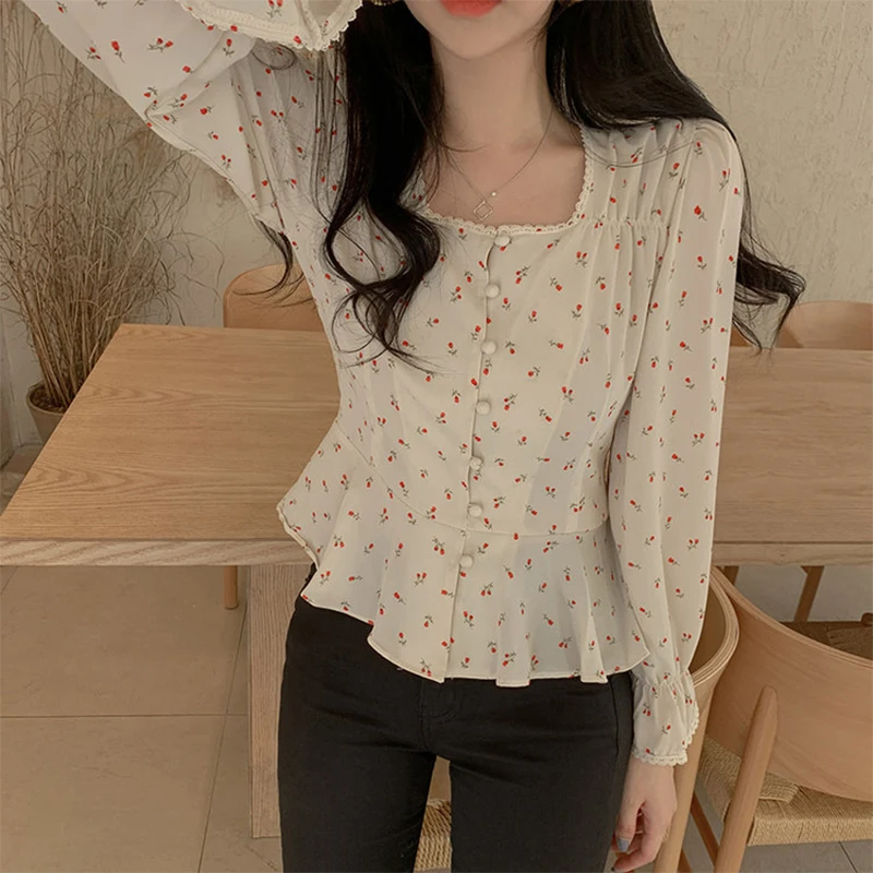 

Chic Korean Square Collar High Waist Florals Slim Streetwear Sweet Blouses All Match Women Cute Short Shirts 2021