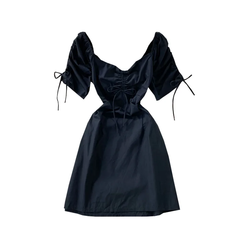 

2021 Summer New French Square Collar Short A-line Dress Women's Folds Puff Sleeve Show Thin Mini Black Pleated Dress Robe Ete