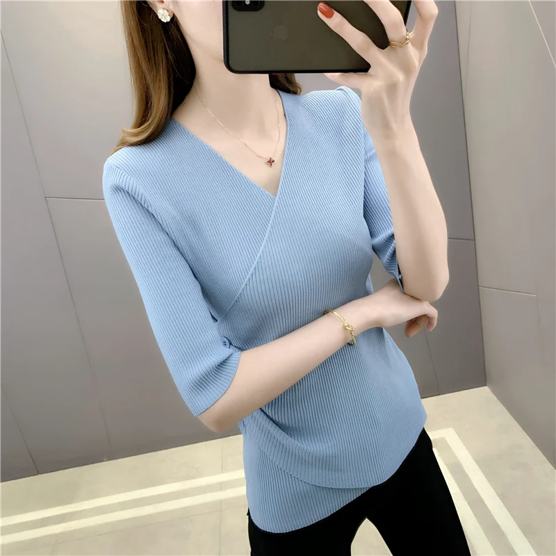 

Room 197962, row 3, No.1, top] real shot ice hemp solid cross V-neck short sleeve T-shirt 32