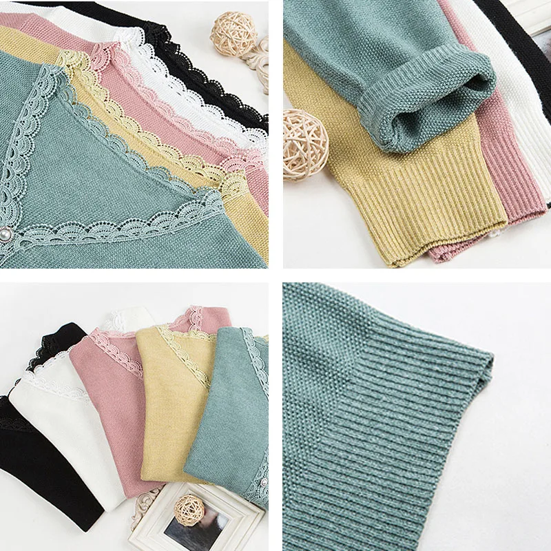 

Lace Patchwork V-Neck knitted button pullovers tops women Elegant Slim Korean Knitwear Female Casual Spring Short Base Shirt