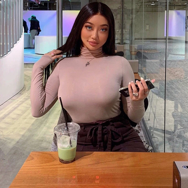 Женская Однотонная футболка с воротником-стойкой длинным рукавом | одежда