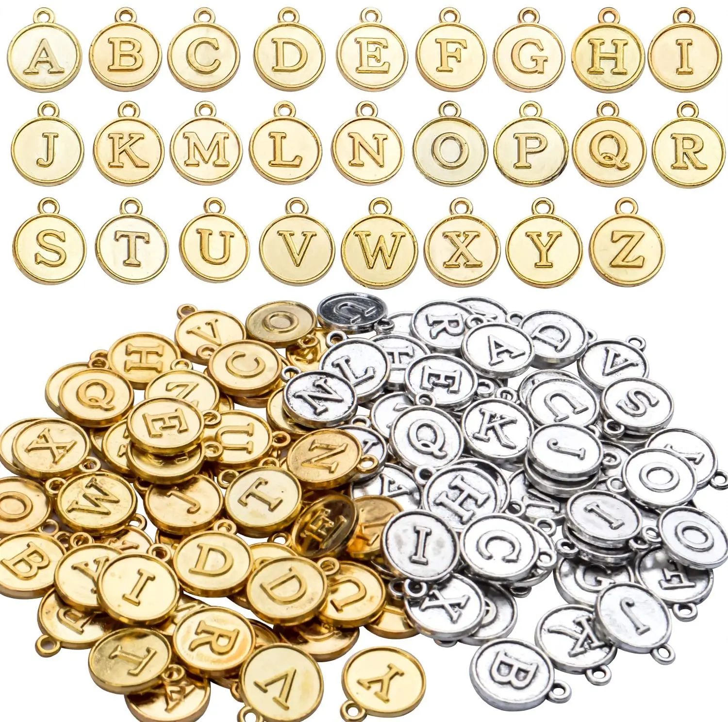 

52pcs A-Z Letter Charms Round Alphabet Charms Pendants for Necklace Bracelet Jewelry Craft DIY,Gold & Silver
