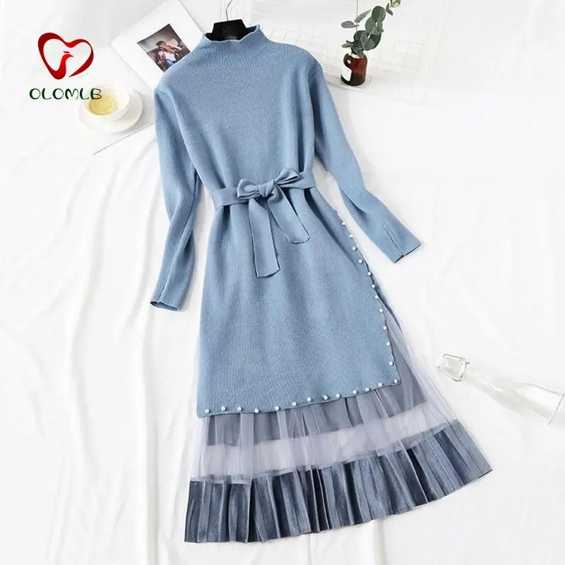 

2 Piece Set Women Knitted Dress Autumn Winter Vintage Long Sleeve Turtleneck Sweater Dress + Sweet Mesh Skirt Two Piece Set