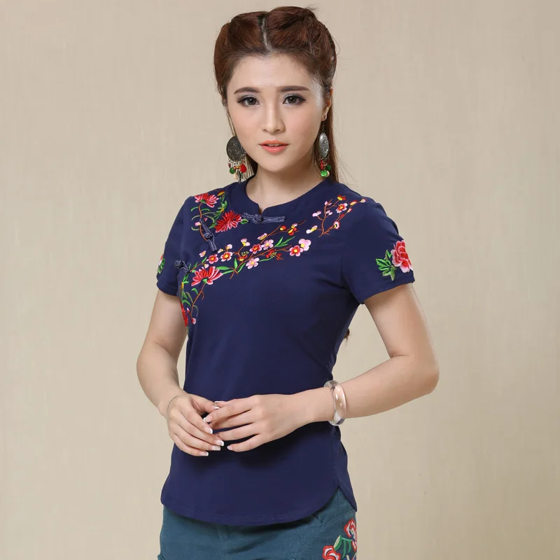 

2019 Embroidery Autumn Spring T Shirt Women Buckle Chinese Style Vintage T-shirt Top Tee Woman Clothes Indie Folk