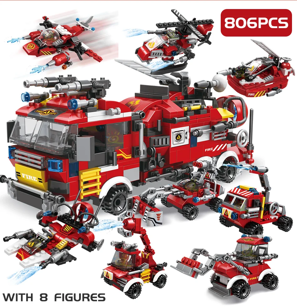 

HUIQIBAO 806pcs Fire Fighting 8in1 Trucks Car Helicopter Boat Building Blocks City Firefighter Figures Man Bricks Children Toys