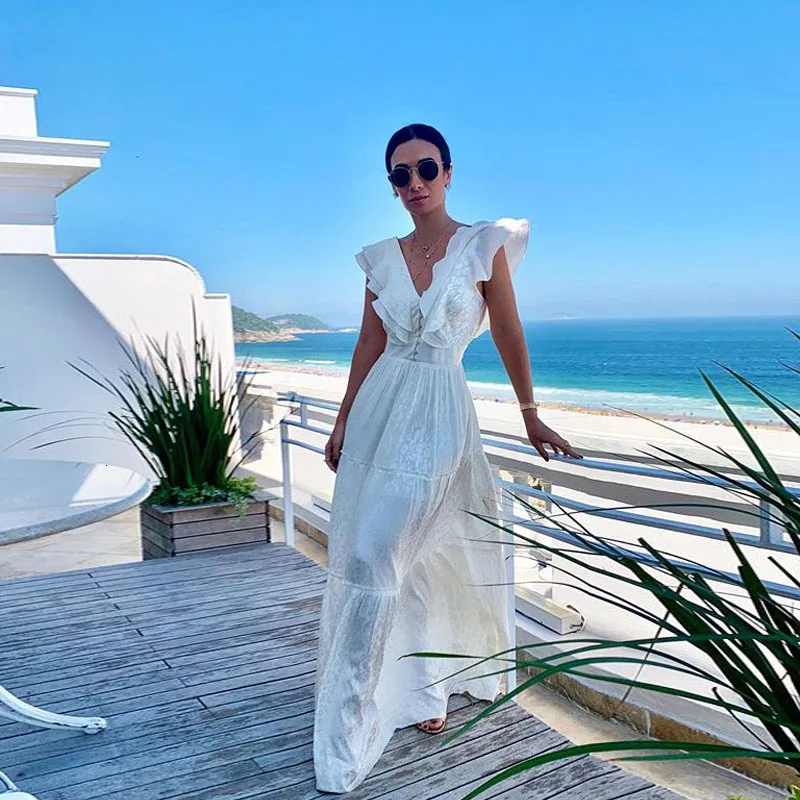 

Vintage Sexy Women White Lace Dress Plus Size A-line V-neck Patchwork Empire Holiday Loose Party Summer Long Dresses
