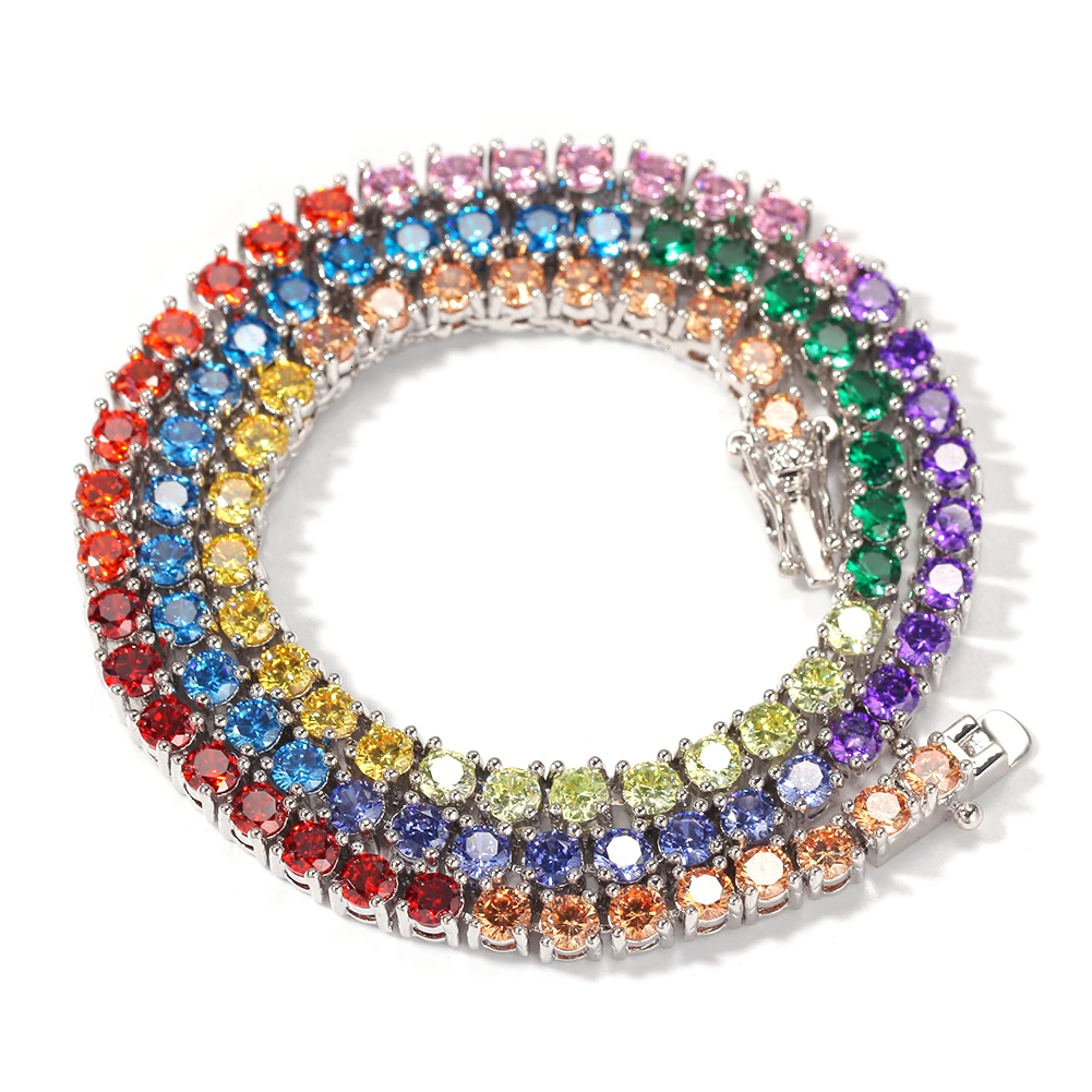 silver colorful BLING KING 1 ряд красочные 4 мм CZ теннис прекрасный цепочки и ожерелья Медь хип хоп круглый вырез льдом кубического циркония мужские ювелирные изделия - Окраска металла: silver colorful