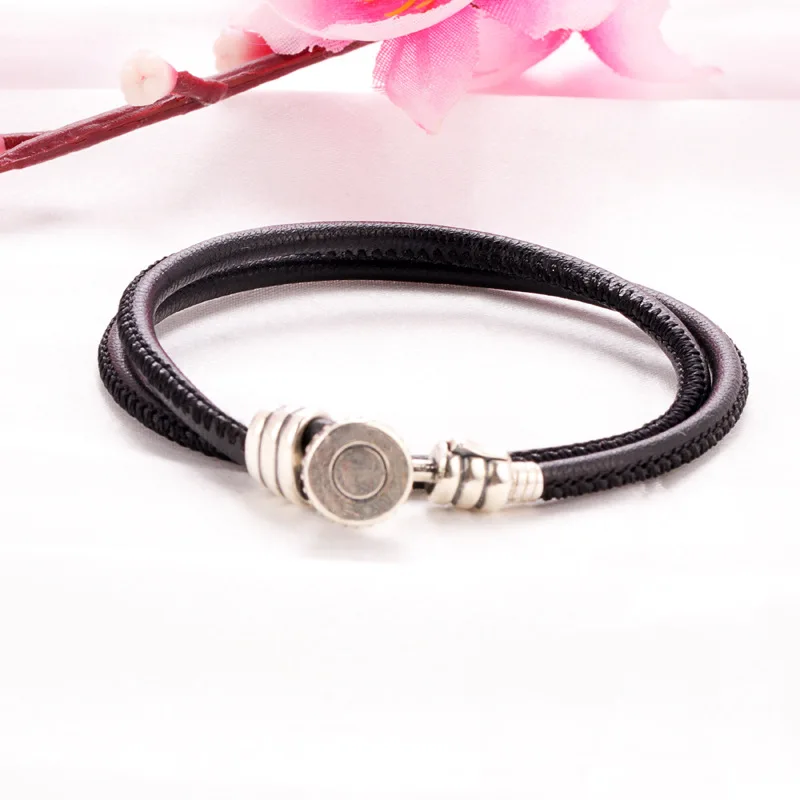 

DoDoFly Luxury Original 100% 925 Sterling Silver Leather Rope Bracelet Double Ring Leather Bracelet Authentic Jewelry