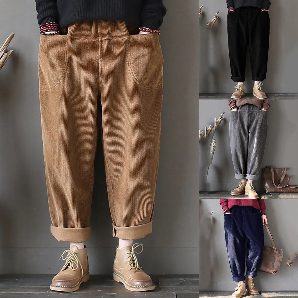 Женские винтажные карманы вельветовые однотонные Свободные повседневные брюки