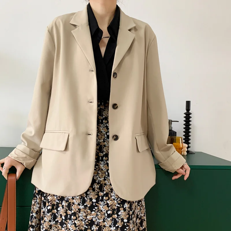 

OL Notched Vintage Solid Single Breasted Blazer Jacket 2021 New Spring Autumn Causal Formal Women Blazers Suit Coat Female