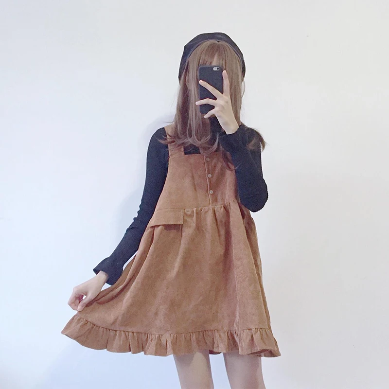 

Japanese Style Suspender Skirt Women's Autumn Sweet College Style High Waist All-Matching Button Ruffled Corduroy lolita dress