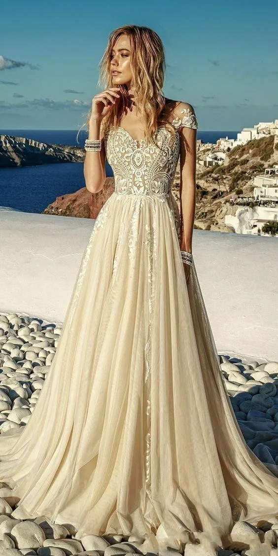 

2021 Light Champagne Wedding Dresses Boho Beach Chiffon Lace A Line Appliques Long Bridal Gowns Robe De Mariee Vestido De Noiva
